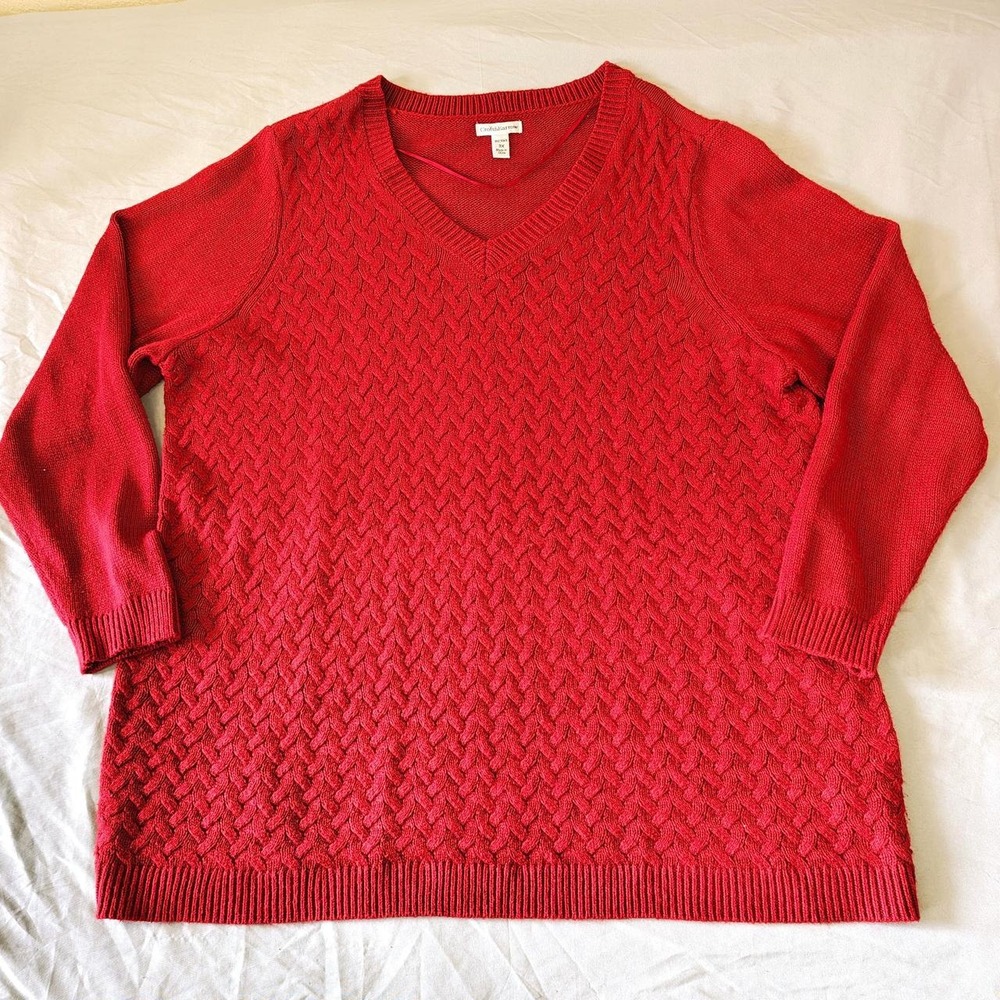 Croft & Barrow Red Cable Knit Sweater 3X Plus Chevron V-Neck Holiday Pullover